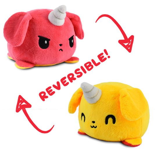 Two TeeTurtle Reversible Puppicorn Plushies (Red + Yellow) featuring mood expressions.