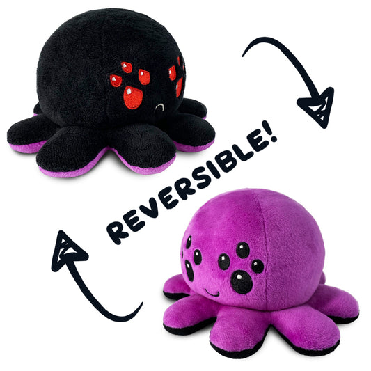 Two adorable TeeTurtle Reversible Spider Plushies (Black + Purple) with reversible functionality.