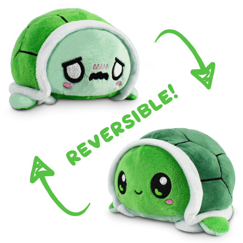 This TeeTurtle Reversible Turtle Plushie (Green Worried) is a reversible turtle with the words "reversible" written on it.