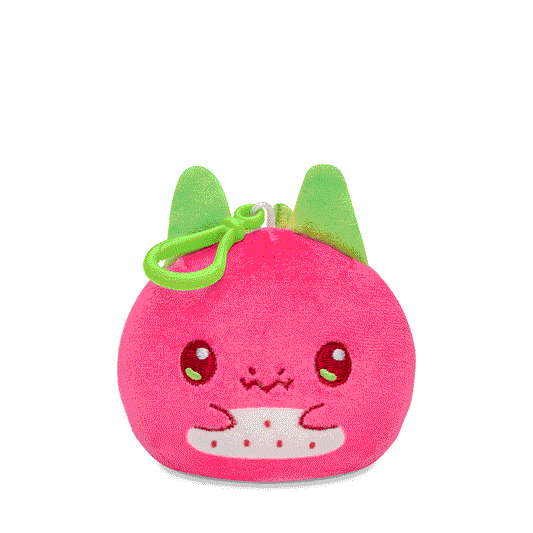 Pink Plushiverse Dragonfruit Reversible Plushie Keychain shaped like a cute strawberry with a smiling face and green leaves on top, featuring a backpack clip, isolated on a white background by TeeTurtle.