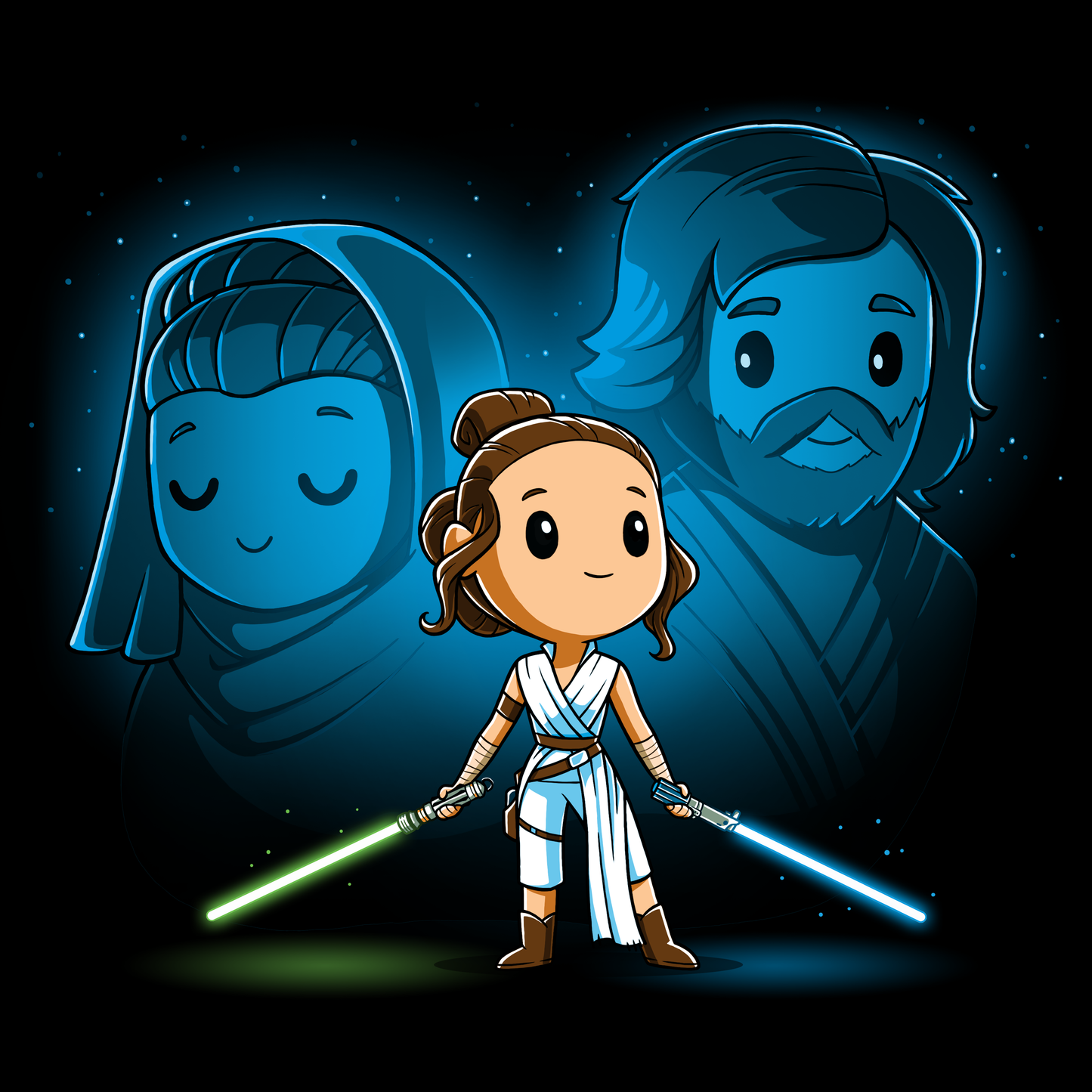 Officially licensed Star Wars Rey, Luke, and Leia T-shirt.