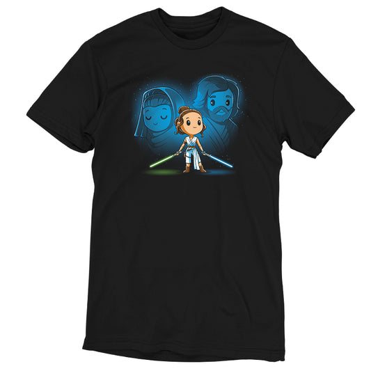 Officially licensed Star Wars Rey, Luke, and Leia T-shirt with limited stock.