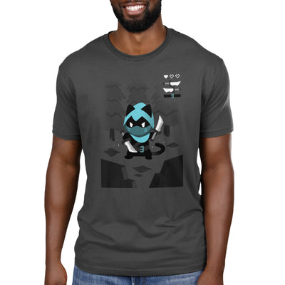 Premium Cotton T-shirt_TeeTurtle Rogue Class charcoal gray t-shirt featuring a black cat dressed as an RPG Rogue wielding a pair of knives in a forest.