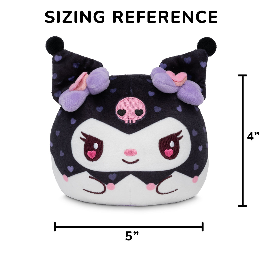 Valentine Present Kuromi 4" Reversible Plushie with a sizing reference of 4 inches in height