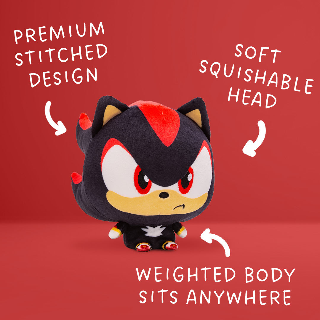 Shadow Cloudhead with a Mom's Choice Awards seal in the upper left corner. He has a big head, tiny body and is frowning. Around him are arrows and the text "premium stitched design," "soft squishable head" and "weighted body sits anywhere." 