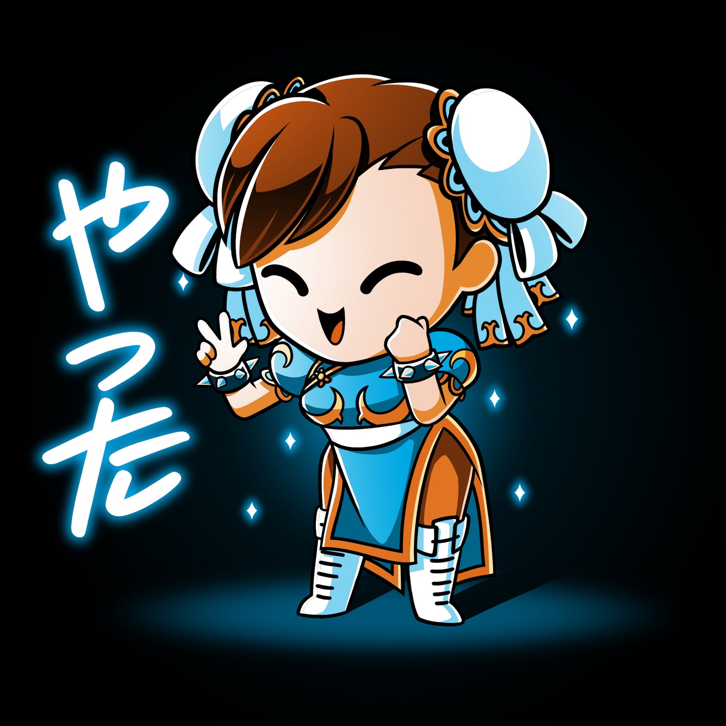 A cartoon girl in a blue outfit, resembling Chibi Chun-Li from Street Fighter, with Chinese writing, featured on a women's T-shirt by Capcom.