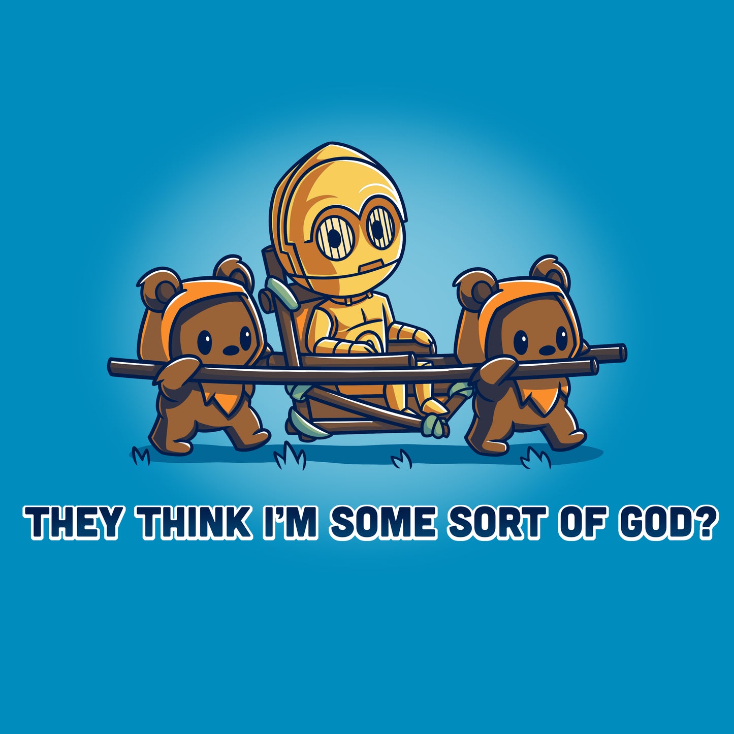 Officially licensed Star Wars cartoon characters, C3PO and Ewoks, holding two "They Think I'm Some Sort of God?" bears.