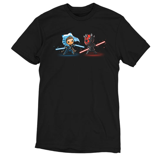 A Star Wars licensed black t-shirt featuring Ahsoka Tano and Darth Maul named Ahsoka Vs. Darth Maul.