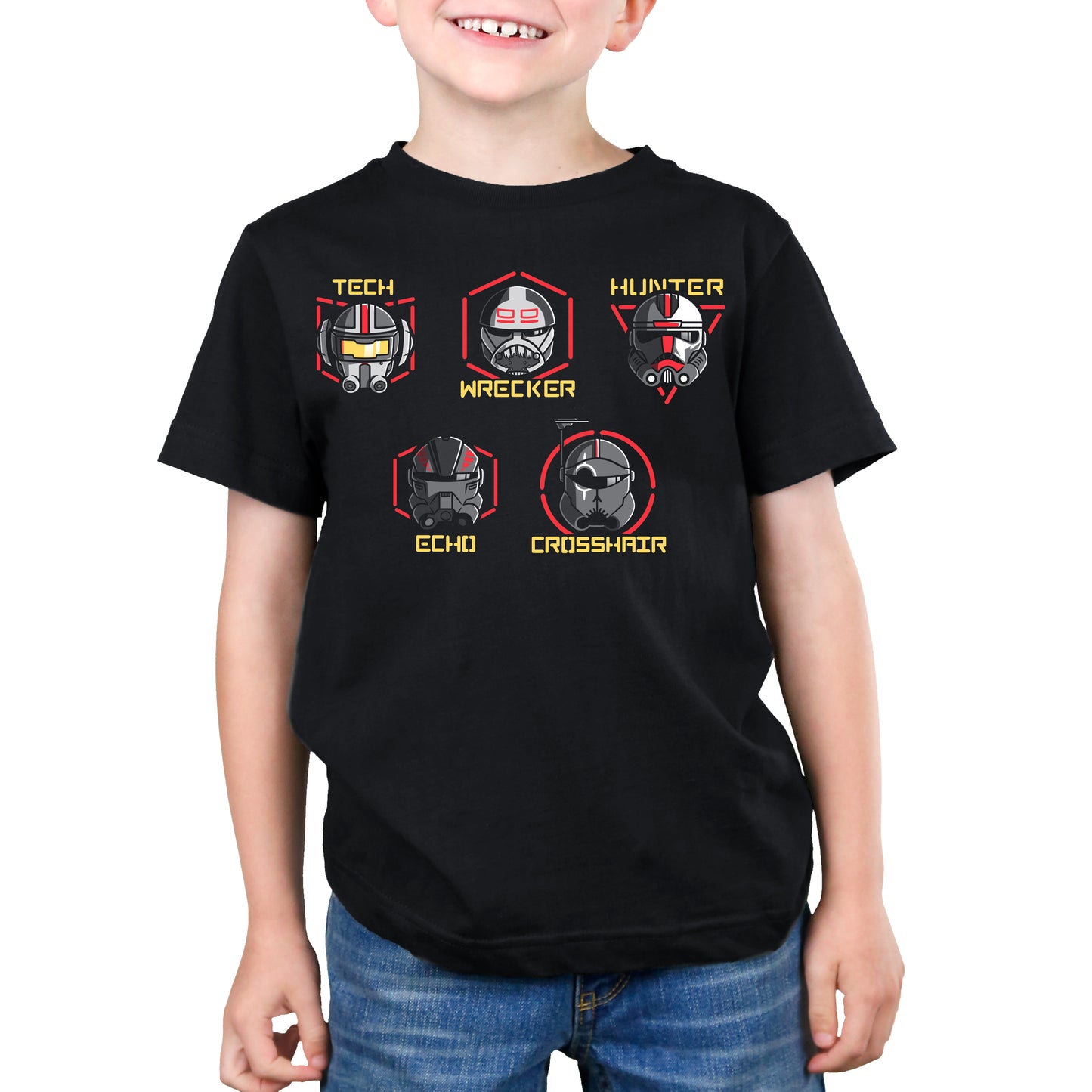 A young boy wearing an officially licensed Star Wars Bad Batch Helmets t-shirt.