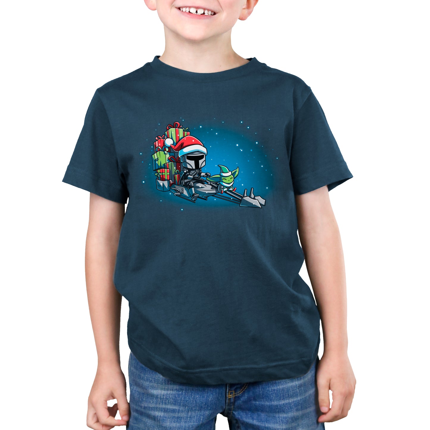 A young boy wearing a Star Wars themed T-shirt called "Bring Home the Bounty".