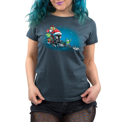 A Star Wars themed women's T-shirt featuring an image of a Santa Claus on a sleigh, inspired by the Mandalorian called "Bring Home the Bounty" by Star Wars.
