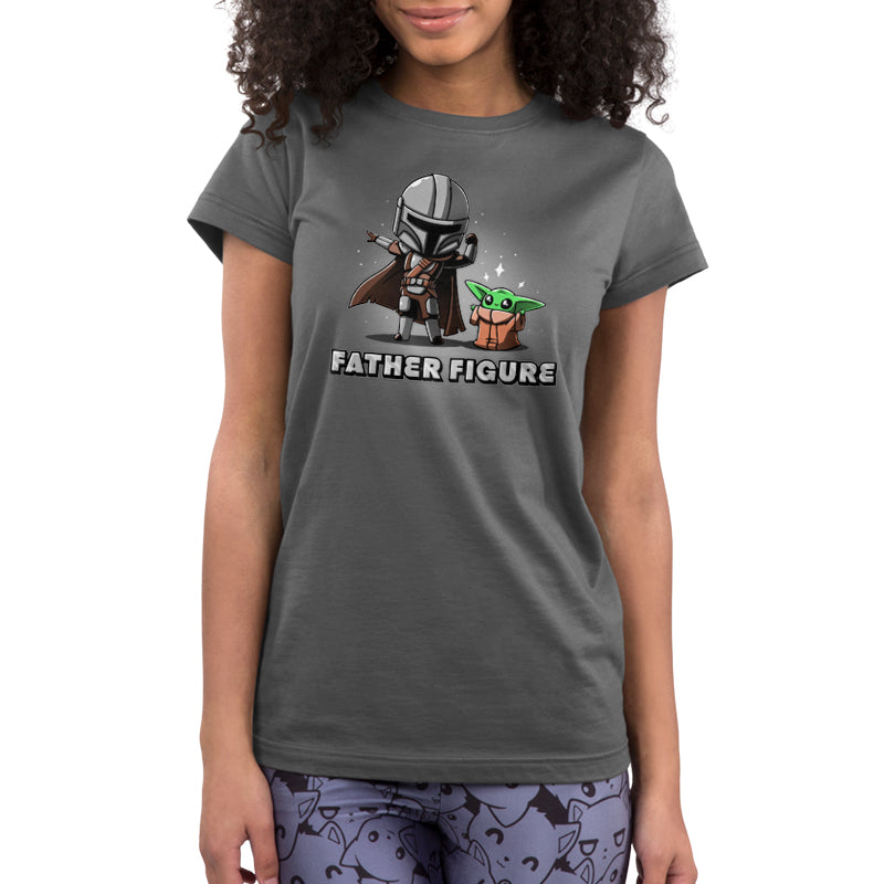 A women's Star Wars t-shirt featuring an image of Father Figure (Mando & Grogu) holding a drink.