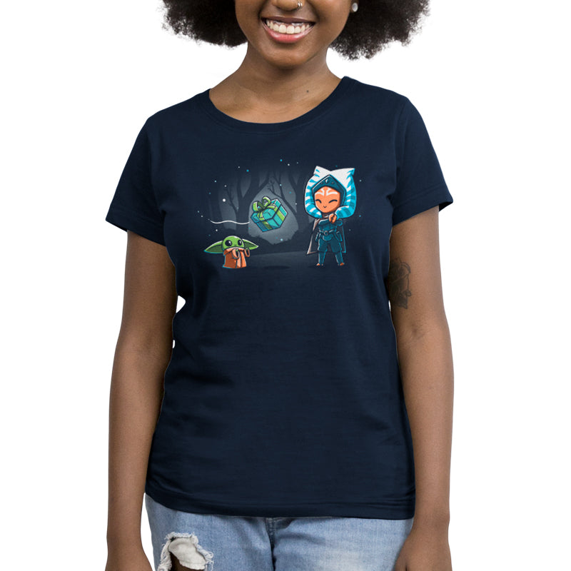 A Force Gifting women's Star Wars t-shirt featuring an image of Yoda and a planet.
