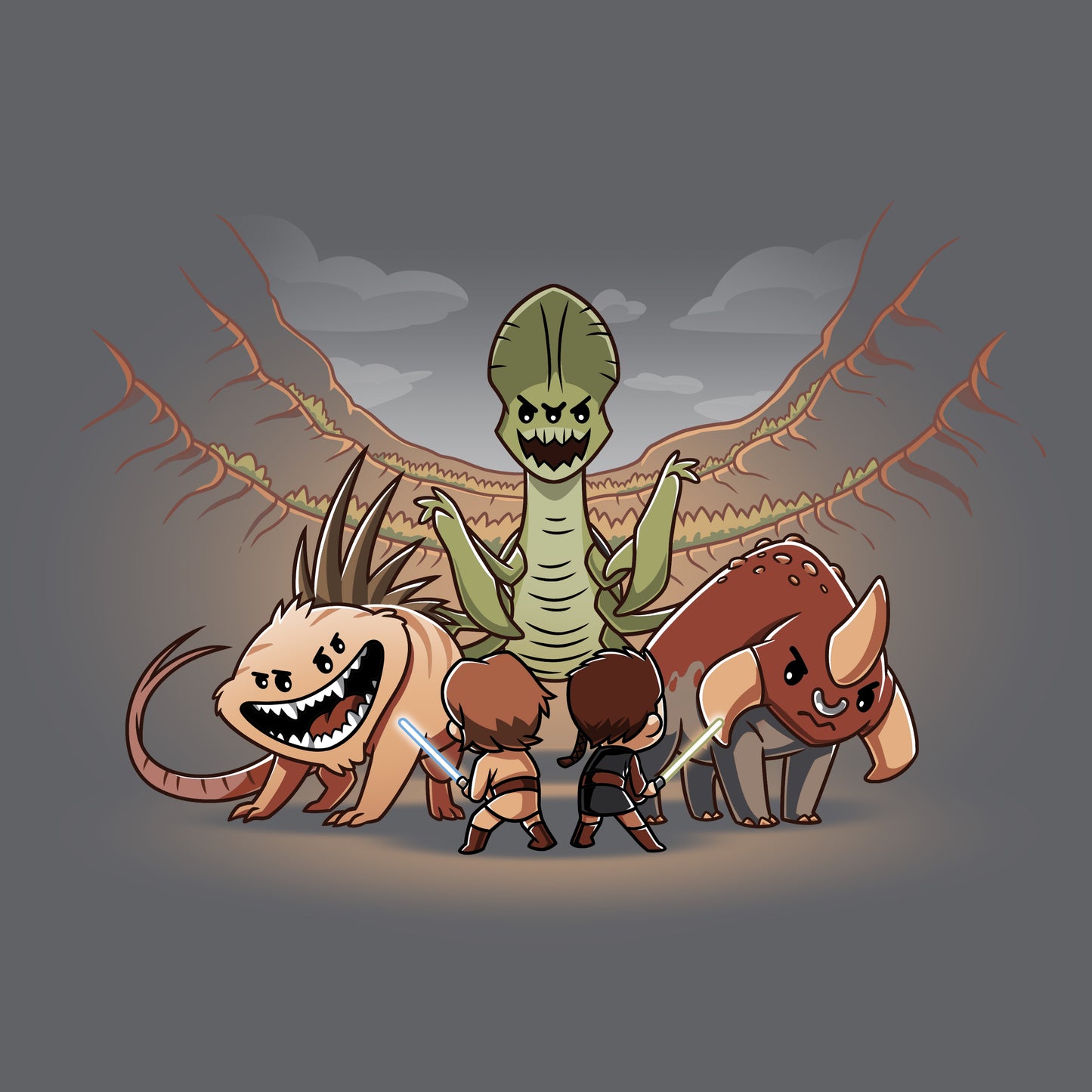 An officially licensed Star Wars T-shirt featuring a group of people and a dinosaur, made from ringspun cotton, called "Geonosis Arena Duel".