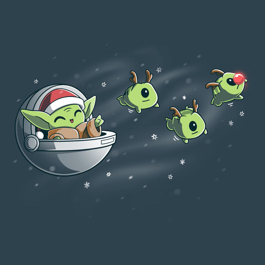 The Grogu Claus from Star Wars and reindeer are flying in a spaceship while wearing T-shirts from licensed products.