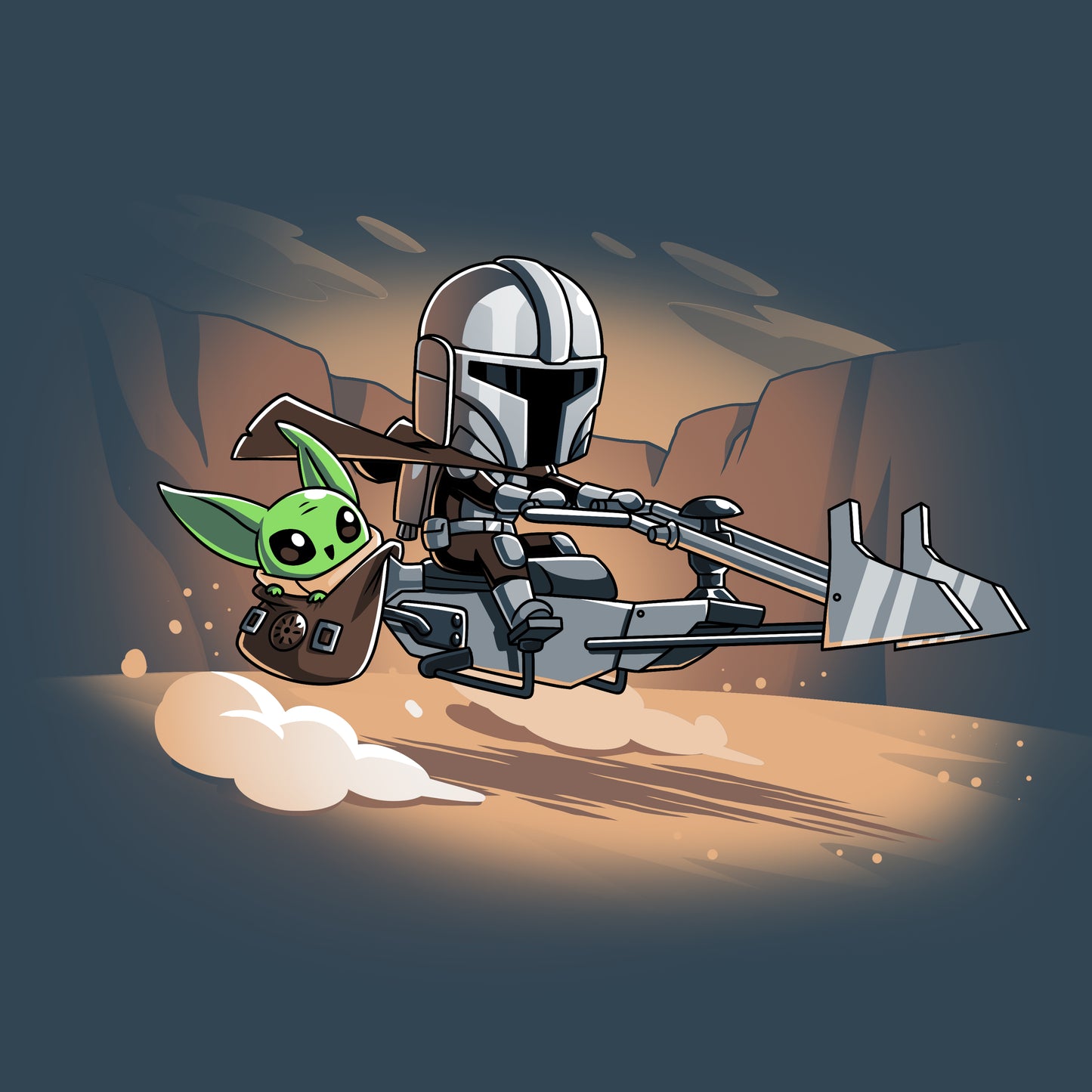 Officially licensed Star Wars Grogu & Mando Desert Speeder T-shirt.