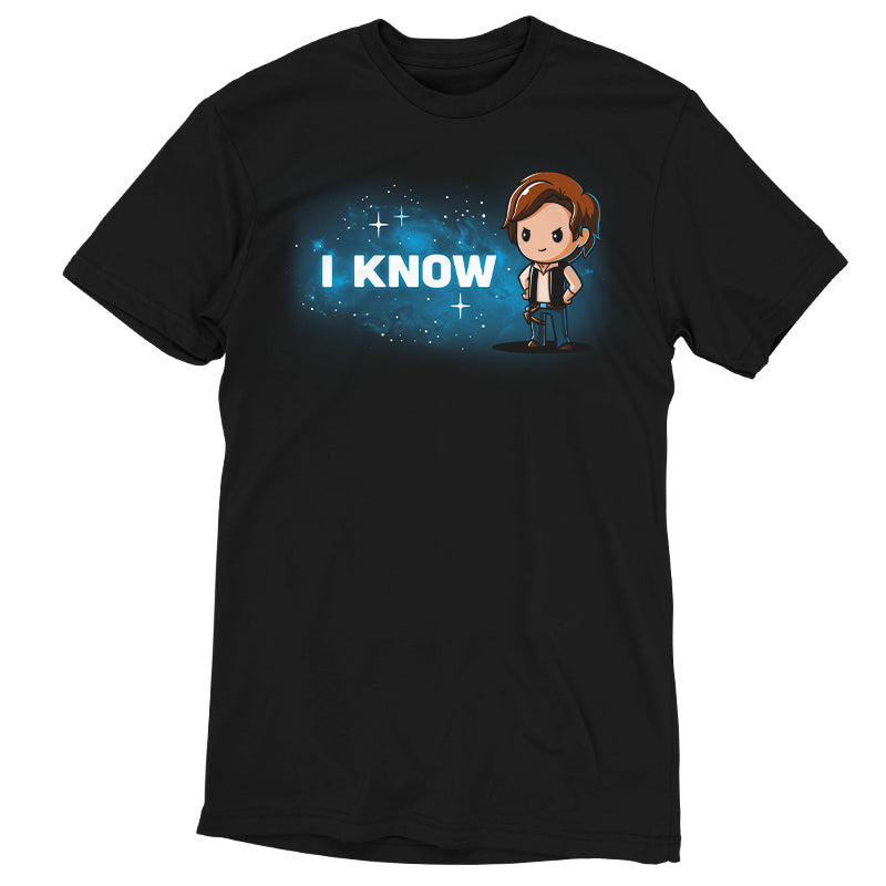 A black t-shirt officially licensed with a Star Wars "I Know (Galaxy)" design.