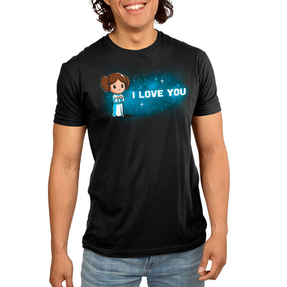 A man wearing an officially licensed Star Wars Princess Leia T-shirt in the I Love You (Galaxy) design.