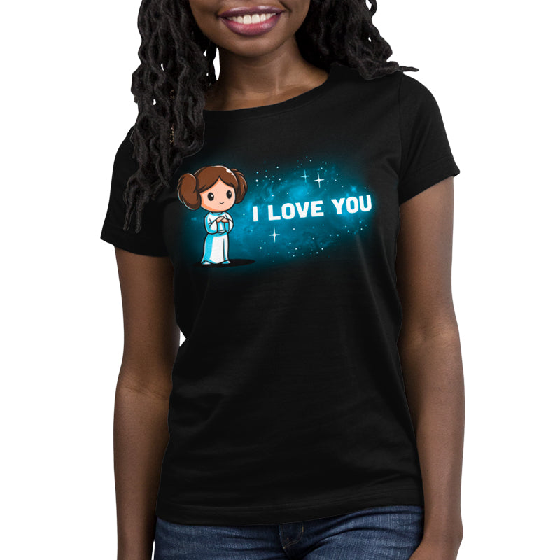 A officially licensed Princess Leia "I Love You (Galaxy)" t-shirt for women from Star Wars.