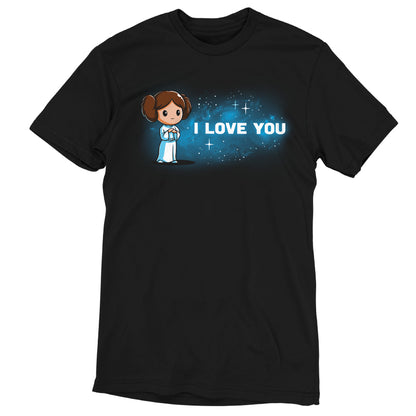 A black officially licensed Star Wars t-shirt featuring Princess Leia that says "I love you" (Galaxy).
