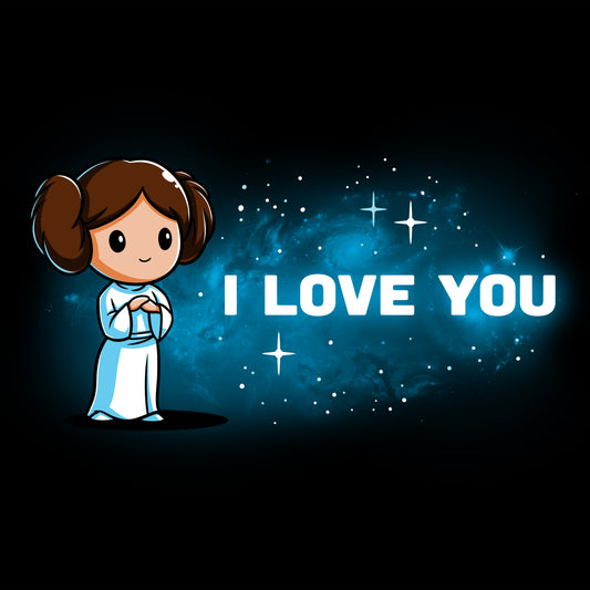 Officially licensed Star Wars t-shirt featuring I Love You (Galaxy) Princess Leia.