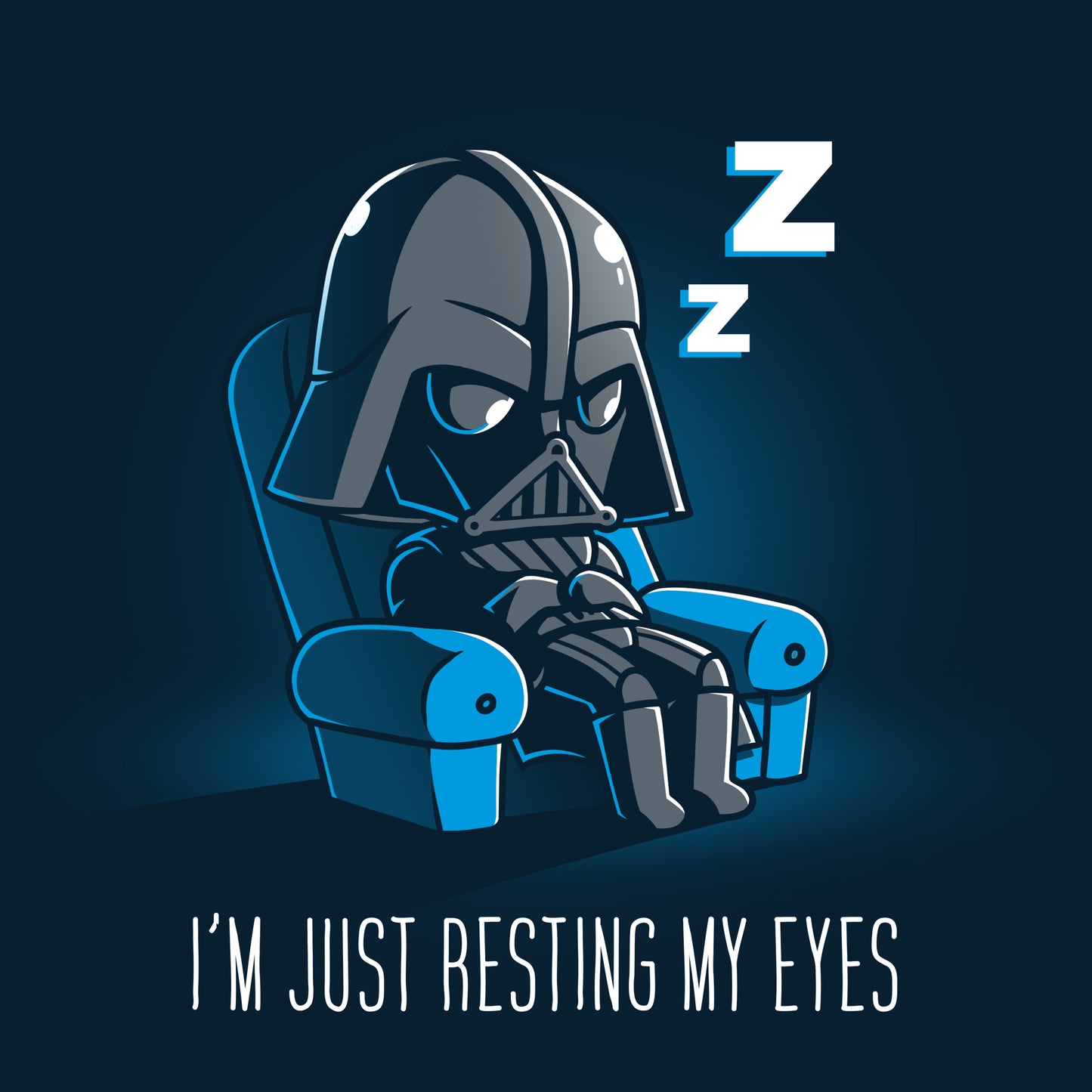 Officially licensed Star Wars Darth Vader T-shirt featuring a super soft design of Darth Vader sleeping in a chair with the words "I'm just resting my eyes.