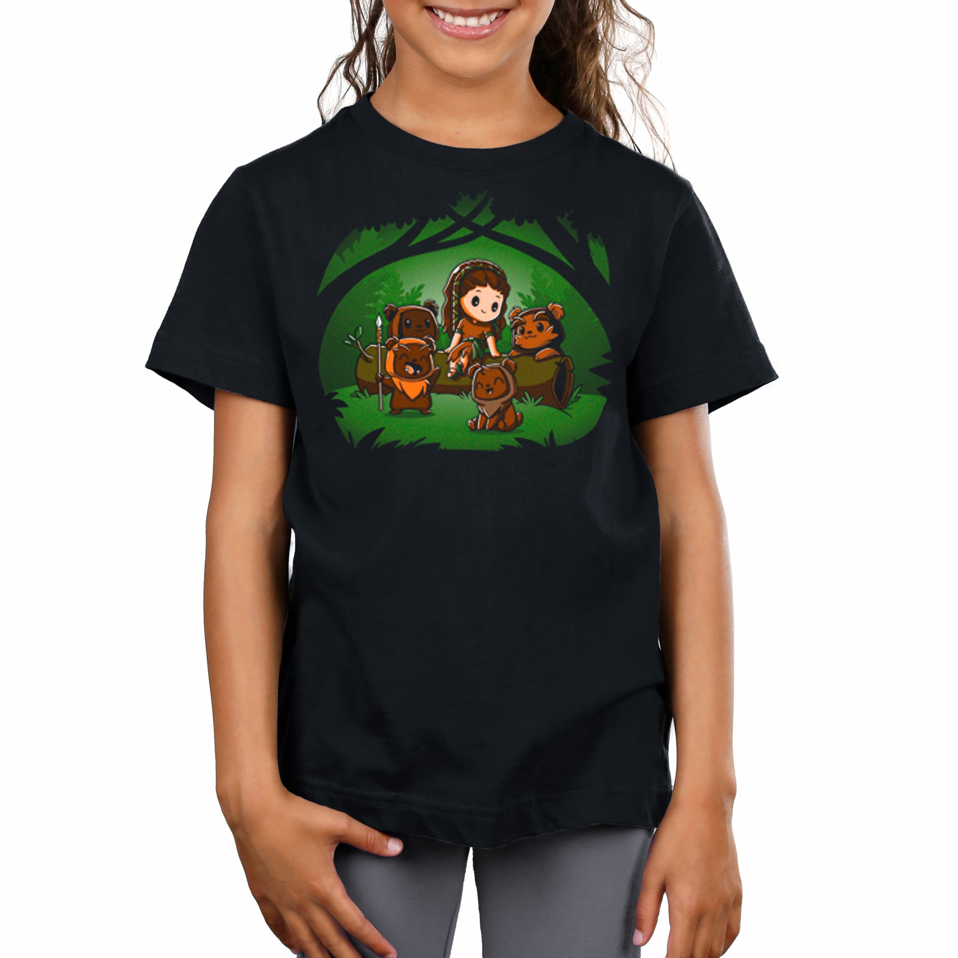 A girl wearing a Star Wars licensed black t-shirt with an image of Leia and Ewoks in a forest made from soft ringspun cotton.