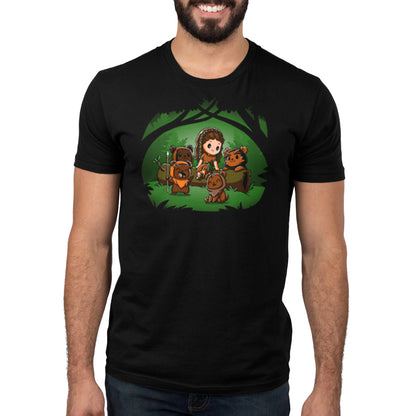 A Star Wars men's t-shirt with an image of Princess Leia and Ewoks in the woods, made with super soft ringspun cotton and officially licensed.