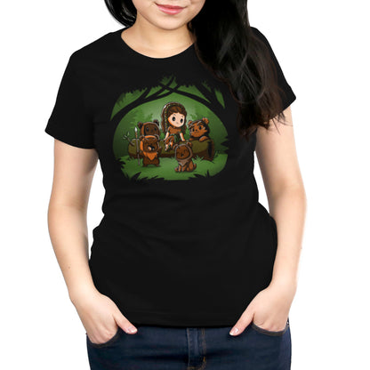 A women's black t-shirt featuring licensed products of Star Wars's Princess Leia and Ewoks in the woods.