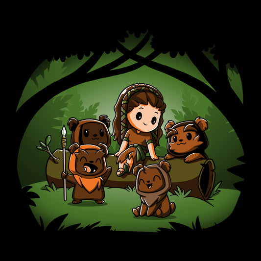 A Princess Leia look-alike surrounded by Star Wars' officially licensed Leia and Ewoks in the woods.