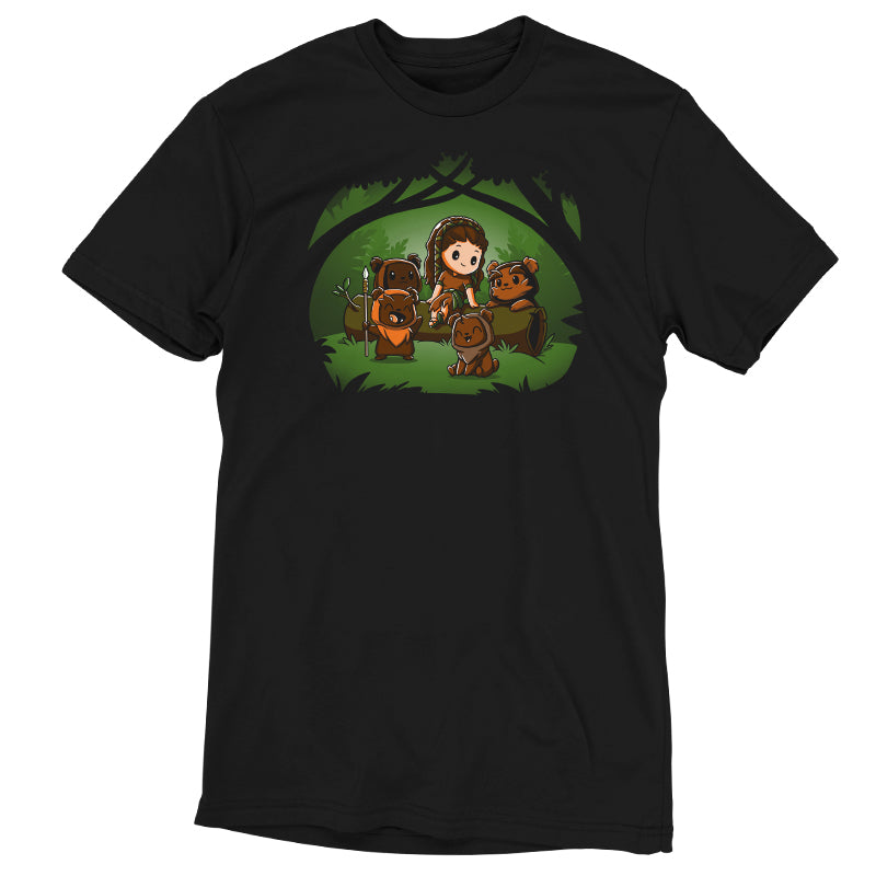 A licensed Star Wars Leia and Ewoks black t-shirt featuring cartoon characters in the forest.