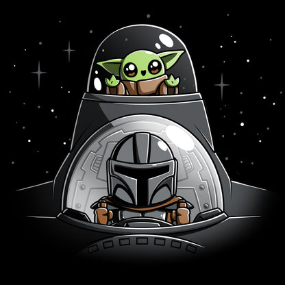 Officially licensed Mando and Grogu's N-1 Adventure T-shirt from Star Wars featuring Mando and Grogu in a Star Wars spacecraft.