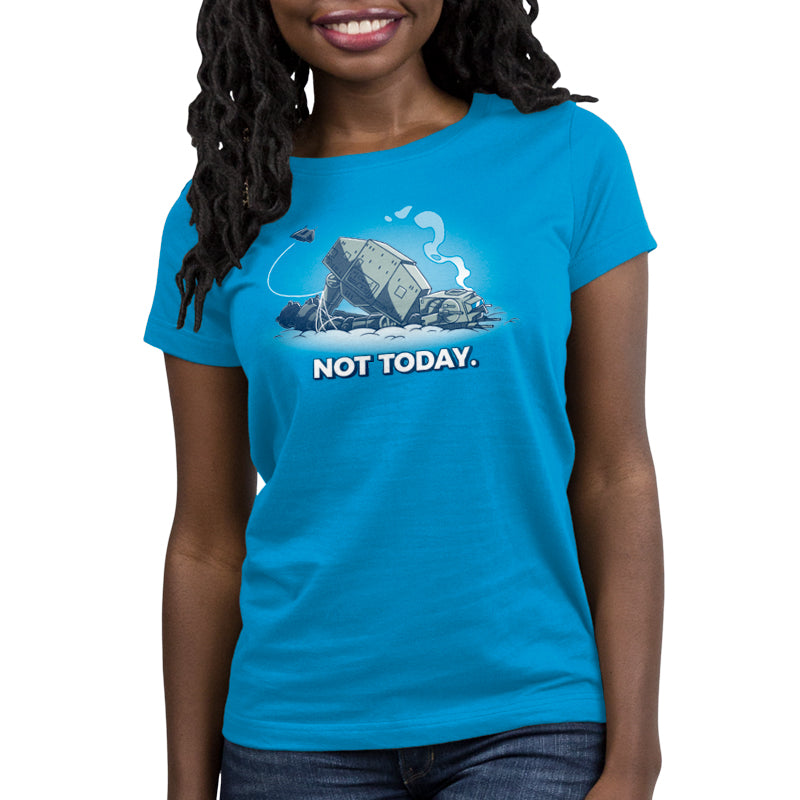 A woman wearing a comfortable blue t-shirt with the "Not Today" (AT-AT) slogan by Star Wars.