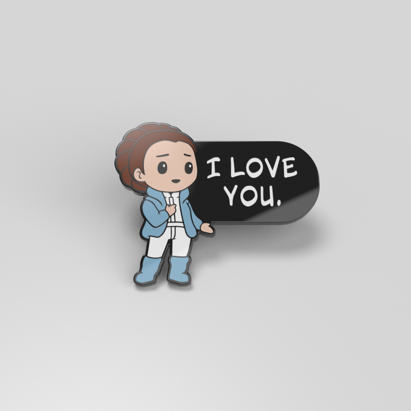 Officially licensed Star Wars enamel pin featuring the I Love You (Ep. V) Pin galaxy bond.