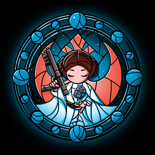 A Princess Leia Stained Glass Window holding a gun on a Star Wars T-shirt.