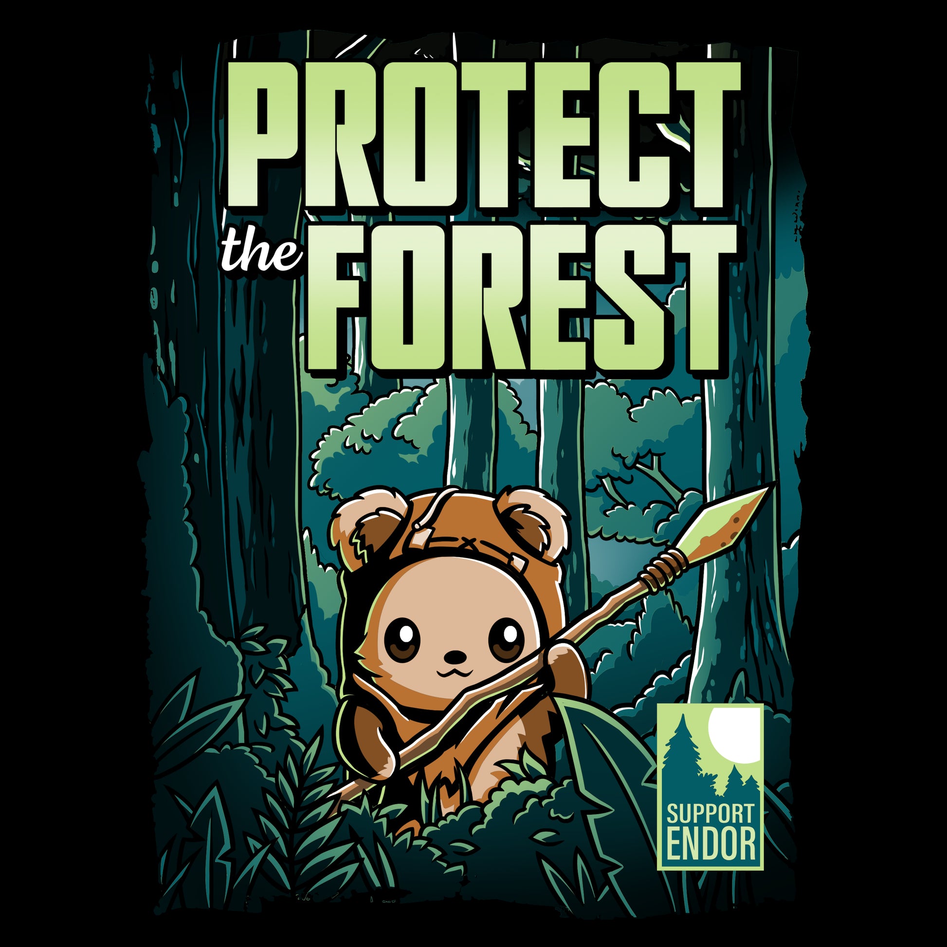 Officially licensed Star Wars t-shirt featuring the Protect the Forest Endor forest.