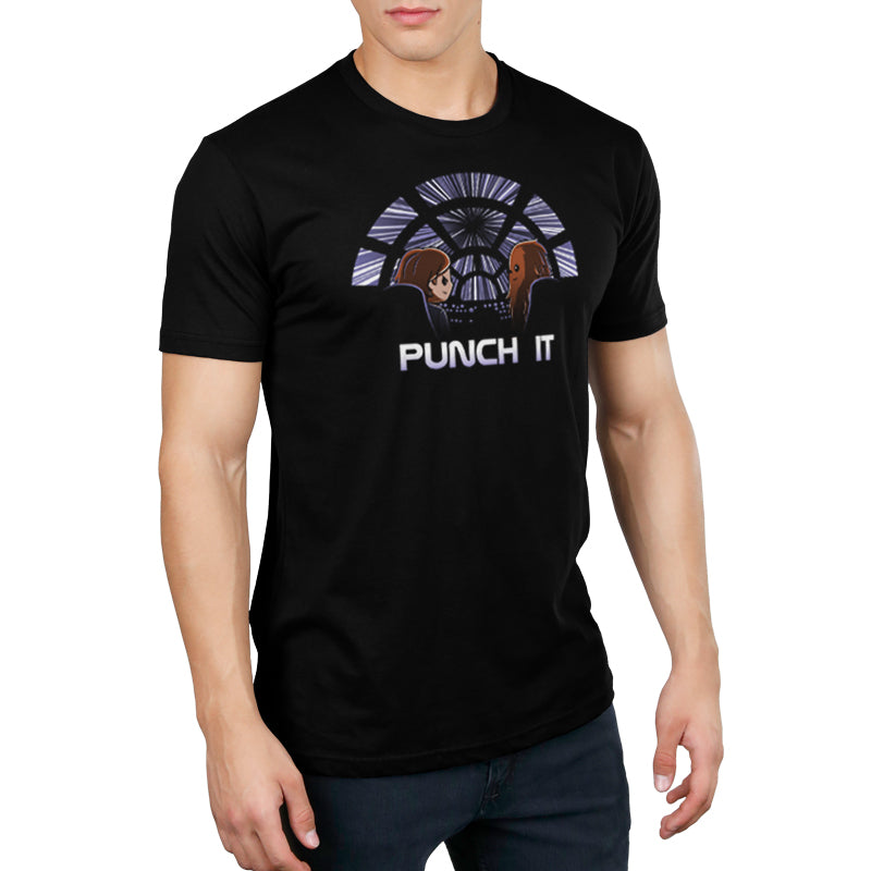 A man wearing a black t-shirt that says Star Wars Punch It, officially licensed.