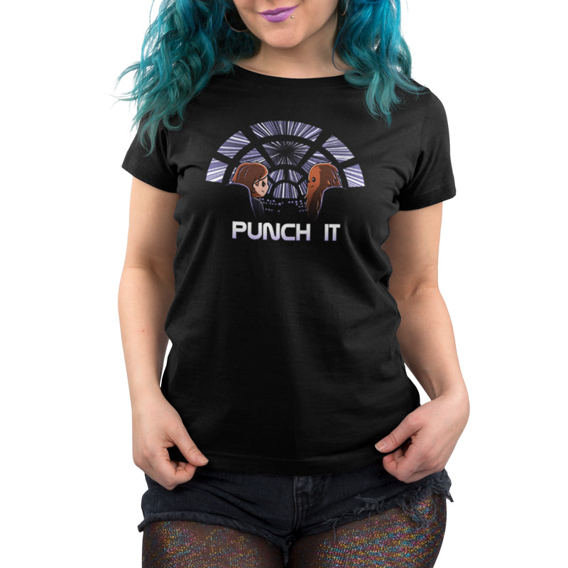 A woman with blue hair wearing a black t-shirt that says "Star Wars" channels her inner Han Solo in hyperspace with the product "Punch It".
