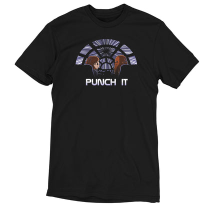 A black Star Wars t-shirt officially licensed with Chewbacca and Han Solo that says "Punch It".
