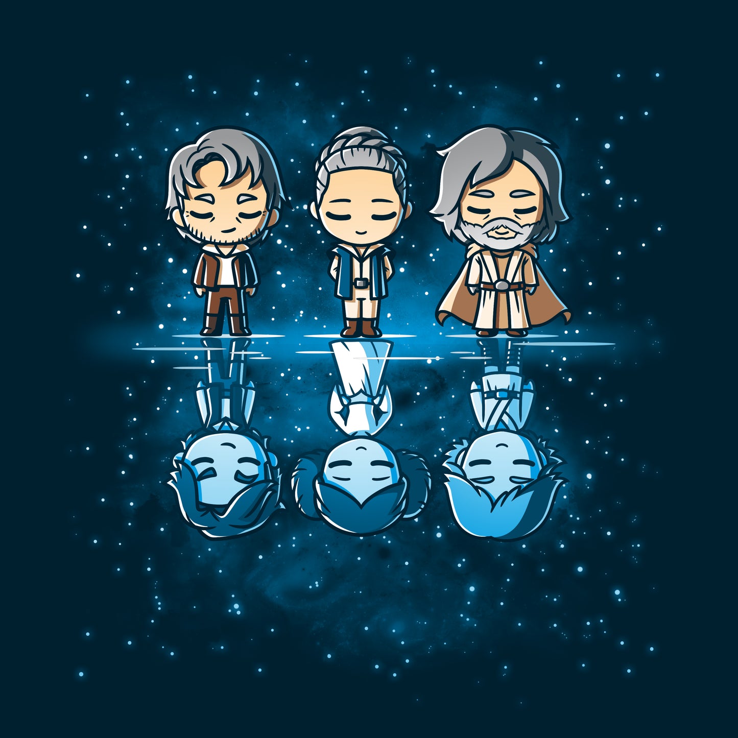 Three officially licensed Star Wars characters standing in front of a starry sky on the Reflections of Youth men's or women's t-shirt.