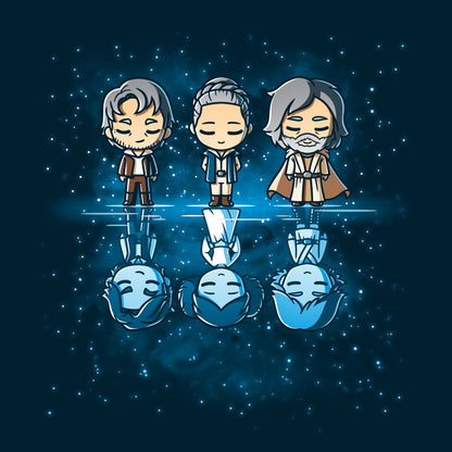 Three officially licensed Star Wars characters standing in front of a starry sky on the Reflections of Youth men's or women's t-shirt.