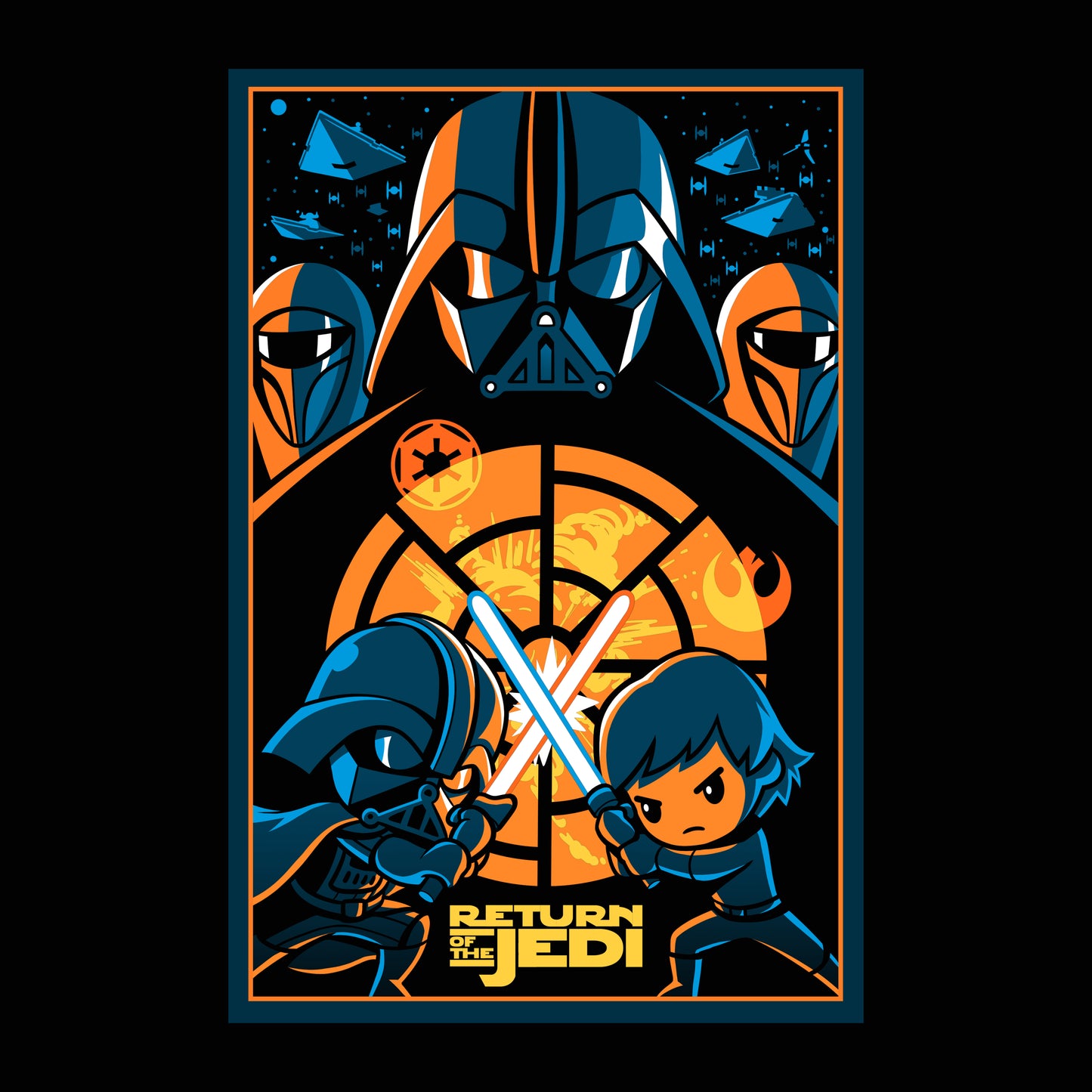 An officially licensed Star Wars poster featuring cartoon characters Darth Vader and Luke Skywalker, called the Return Of The Jedi Battle Poster.