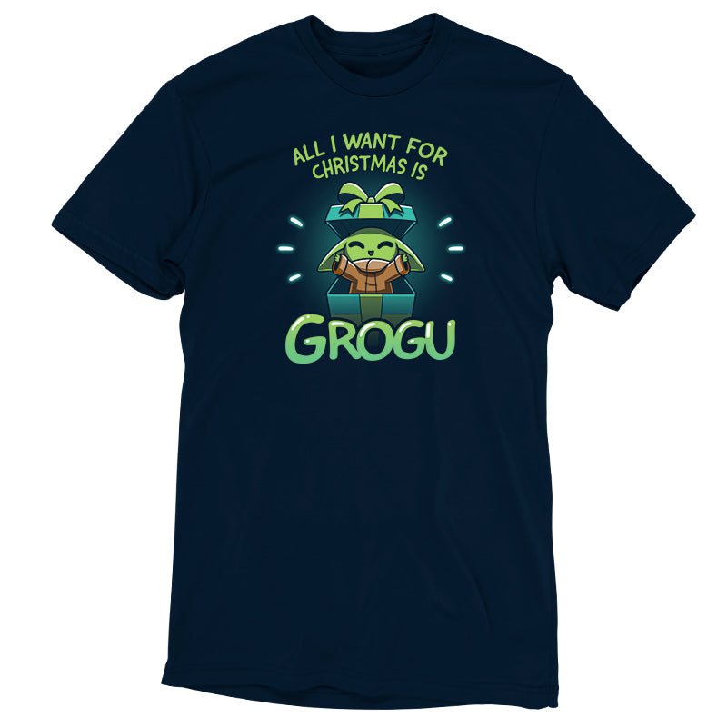 A officially licensed Star Wars T-shirt featuring Grogu, with the phrase "All I want for Christmas is Grogu.