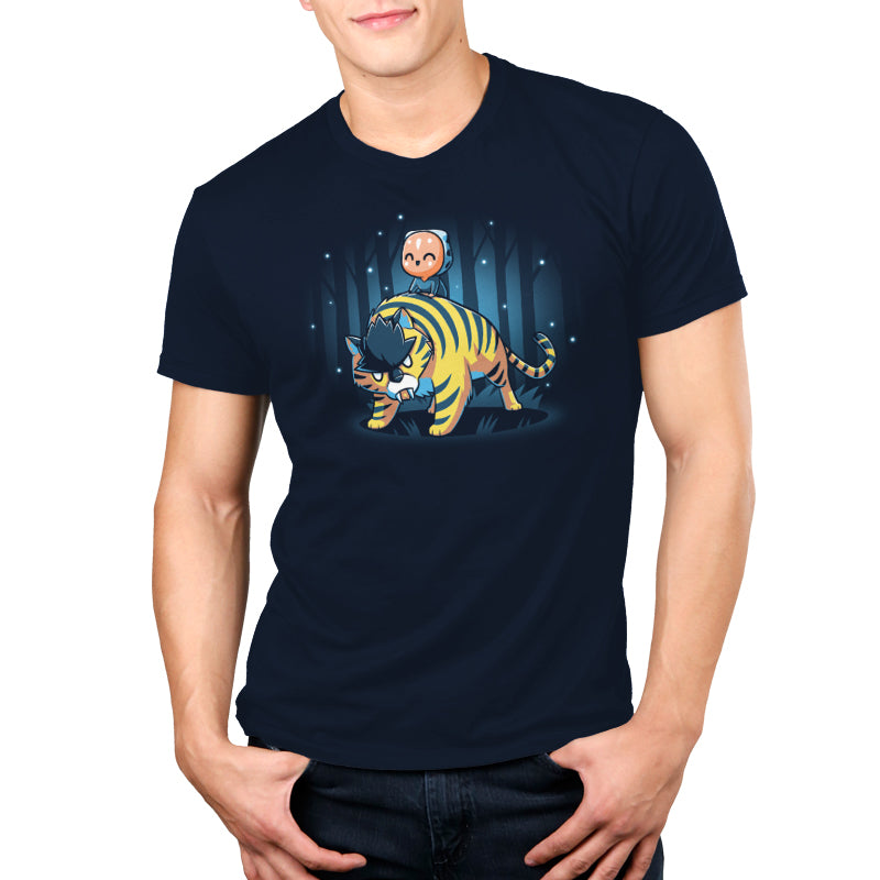 A man riding a tiger on an officially licensed Star Wars Baby Ahsoka blue T-shirt.