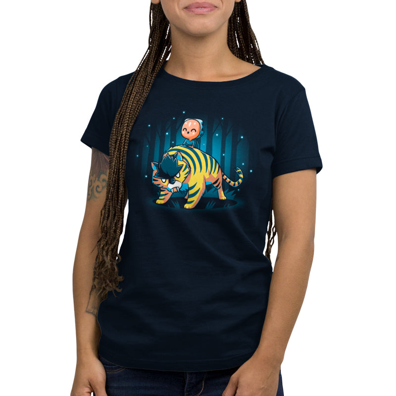 A woman wearing an officially licensed Star Wars men's T-shirt with a tiger on it.