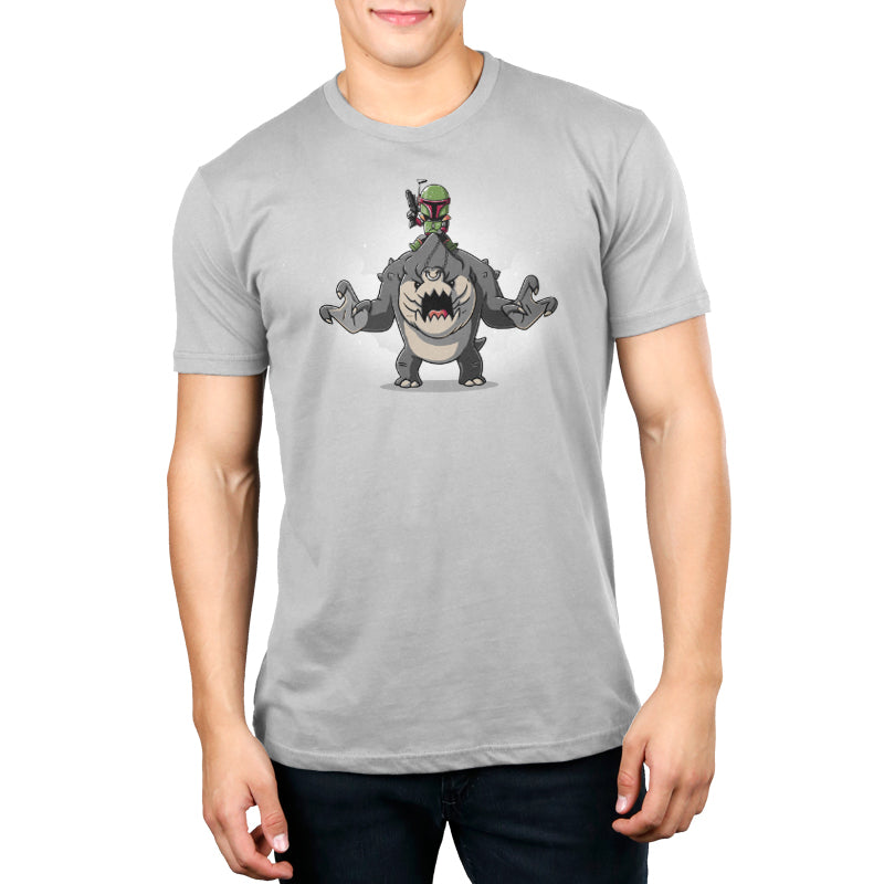 A man wearing an officially licensed Star Wars Boba Fett's Rancor t-shirt.