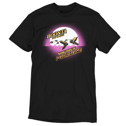 A black Boonta Eve Classic t-shirt with an image of a licensed Star Wars plane flying over the moon.