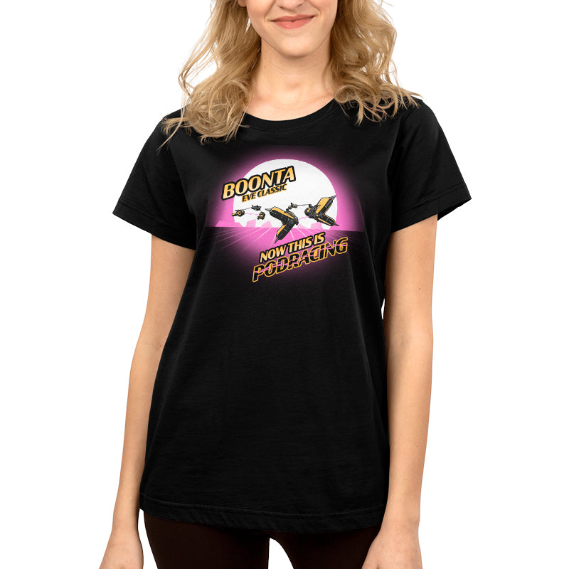 A Star Wars Boonta Eve Classic black t-shirt featuring a woman riding a motorcycle.