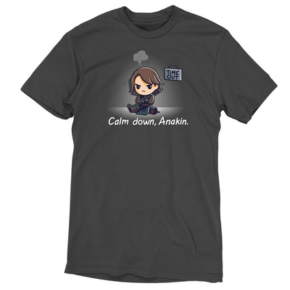 An officially licensed black t-shirt featuring an image of a girl holding a gun, the "Calm down, Anakin" t-shirt by Star Wars.