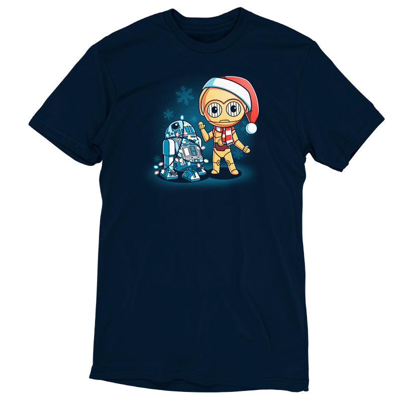 An officially licensed Star Wars T-shirt featuring a gingerbread man and Festive R2-D2 and C-3PO droids.